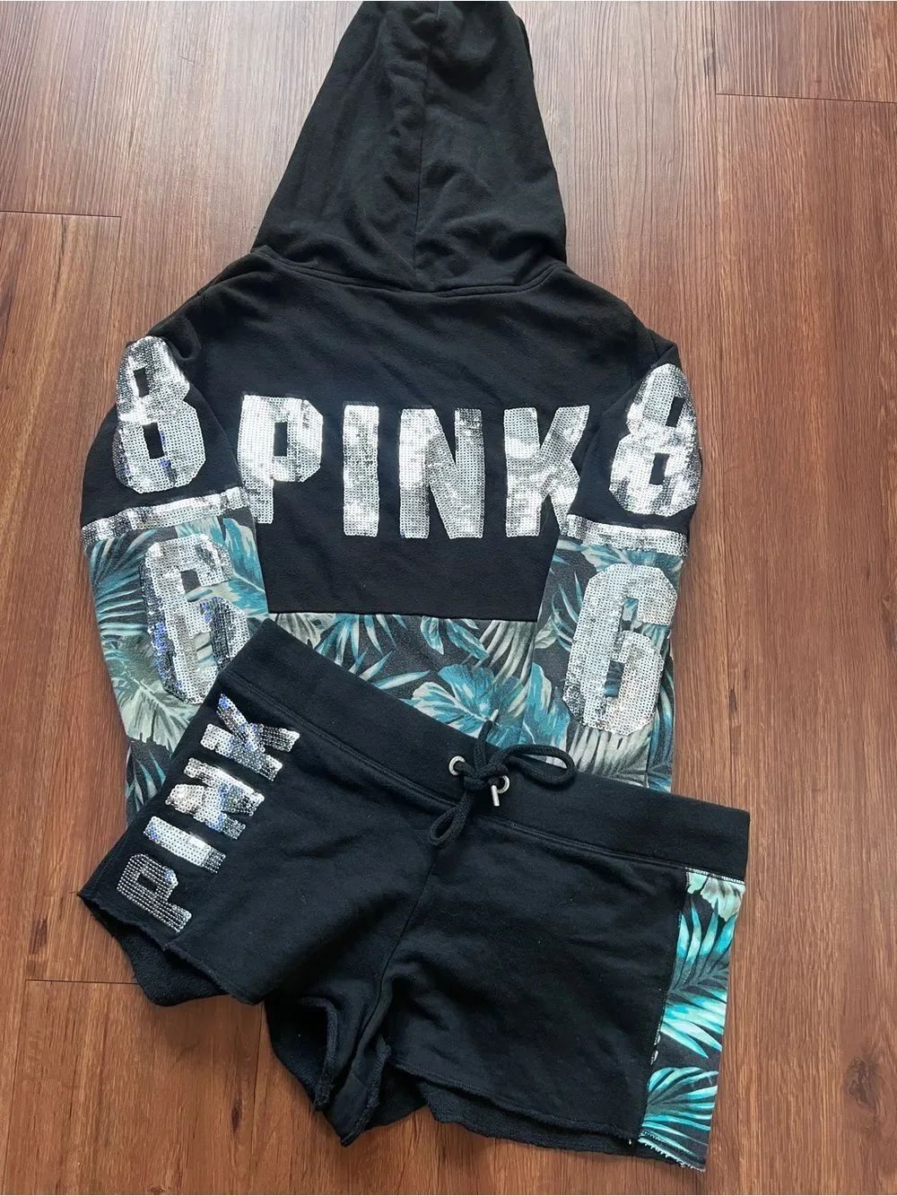 Pink Victoria’s Secret tropical bling hoodie / shorts outfit set